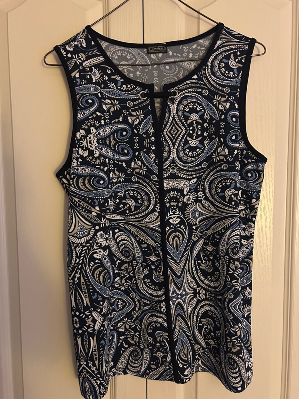 Clientele Navy and White Paisley Tank with Front Keyhole